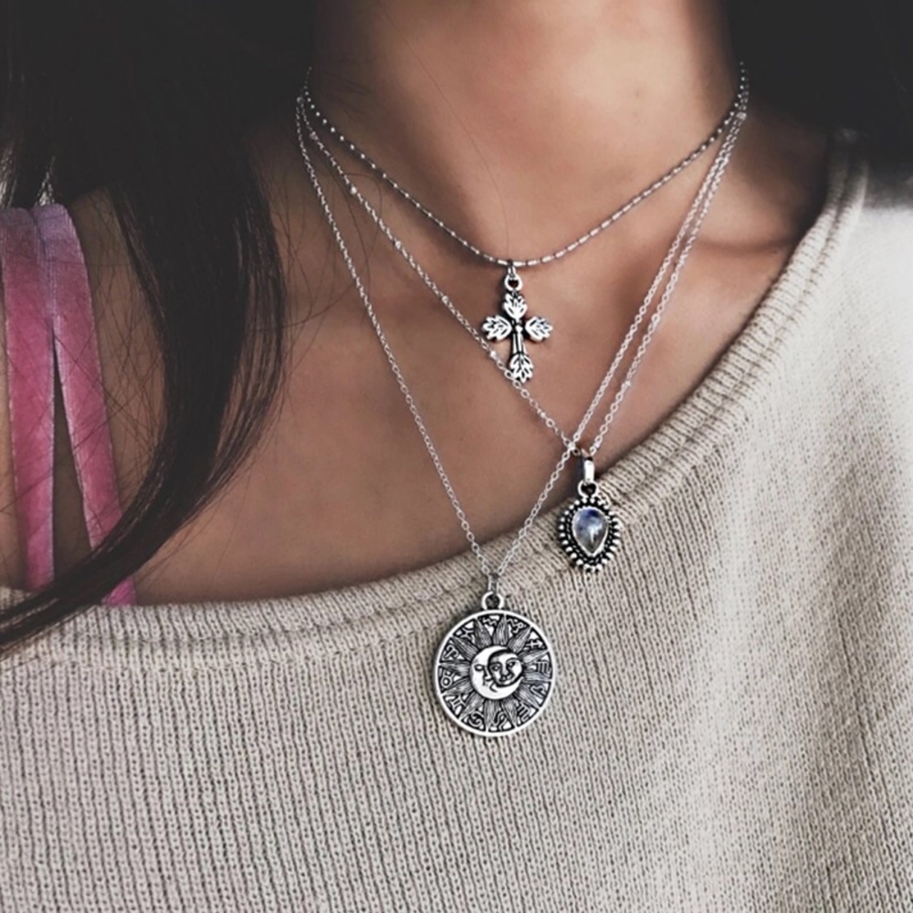 Boho cross Moon sun tarot layered silver necklace